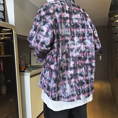 现货美式高街做旧迷幻紫格子长袖衬衫扎染衬衣外套男P50-控78，男装衬衫，星座205-5
