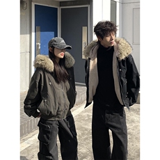 现货重磅boxy短款棉衣座山雕大毛毛领男女棉服水洗工装厚外套，男装棉衣，电商A486-1