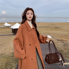 韩系高级感橘色双面毛呢大衣女2025冬新款小个子宽松气质保暖外套，女装双面呢大衣，艾米莉亚