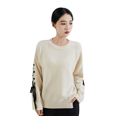 秋冬季新款女时尚百搭显瘦圆领长袖绑带羊绒衫，女装羊绒衫，恒爱羊绒
