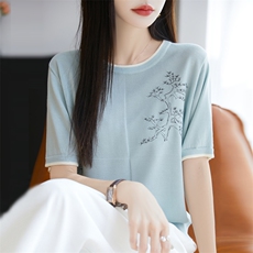 天丝针织短袖国风圆领提花T恤女2025夏新款宽松拼色薄款百搭上衣，女装T恤，昭美羊绒