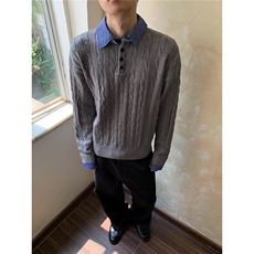 假两件拼接麻花针织毛衣男cleanfit宽松老钱风百搭上衣MZ909-P60，男装针织衫/毛衣，星座412-3