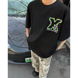潮牌短袖T恤花绘刺绣设计感T恤美式复古刺绣立体短袖T恤半袖 P50图片