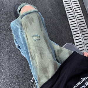 破洞黄泥做旧脏脏水洗宽松百搭夏季薄款直筒牛仔裤男女55055-p50图片
