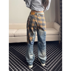 YESI美式3D印花牛仔裤男女宽松街头潮流设计感小众水洗休闲长裤子图片