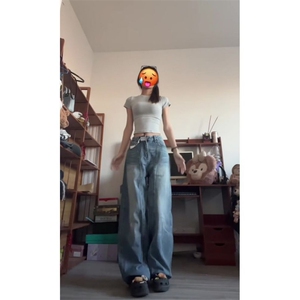 1506-1/K1071/P46复古弯刀裤子新款拼接磨白宽松阔腿牛仔裤男女图片