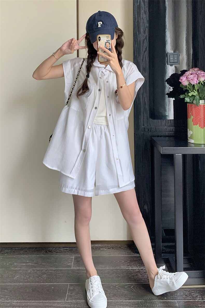 简单大方白色衬衫上衣两件套女夏季2025新款减龄元气少女短裤套装,女装套装/套裙,新风尚