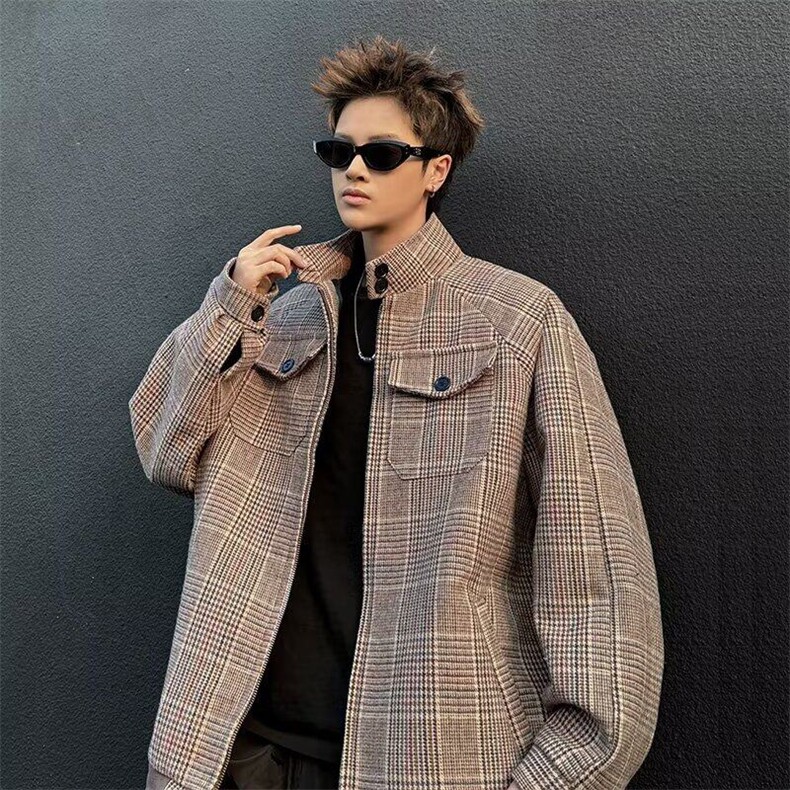 千鸟格小香风短款外套男春秋款美式复古百搭哈灵顿高级感立领夹克图片