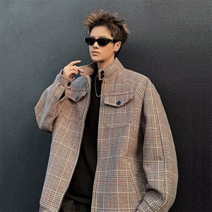 千鸟格小香风短款外套男春秋款美式复古百搭哈灵顿高级感立领夹克图片
