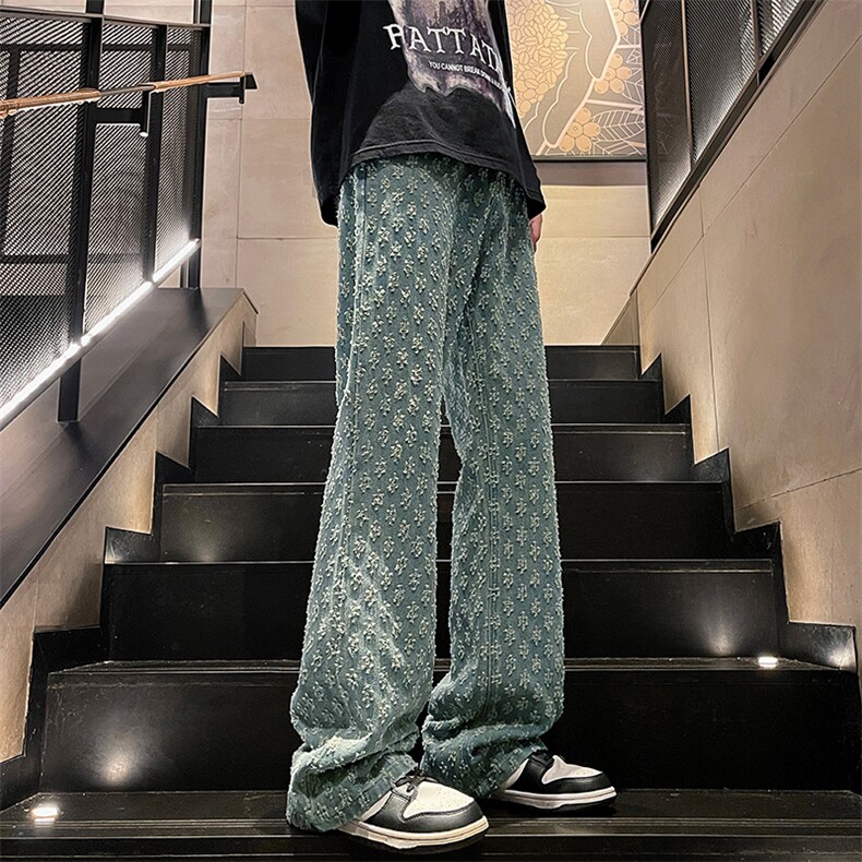 特批P40无差价夏秋衔接满印提花拖地牛仔长裤男高级感微喇裤N9074,男装牛仔裤,电商A001-1