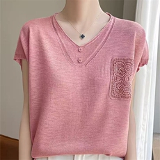 夏季新款竹节麻针织短袖t恤上衣V领设计感洋气休闲显瘦冰丝体恤衫，女装蕾丝衫/雪纺衫，萱芳婷羊绒