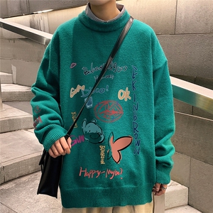 1港风日系宽松休闲情侣套头印花加厚毛衣男外套7696P55加绒P70图片