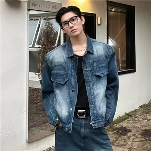 小众复古水洗牛仔夹克男春秋季美式设计感宽松做旧休闲风解构外套图片