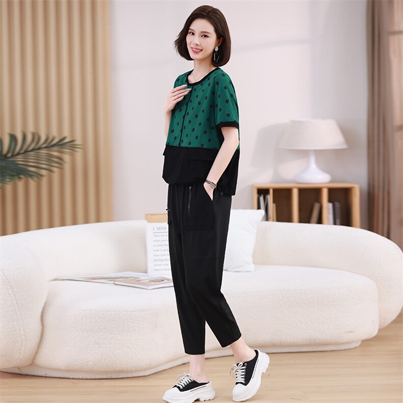 现货2023夏季新款时尚简约圆点拼接休闲套装两件套,女装套装/套裙,深水步