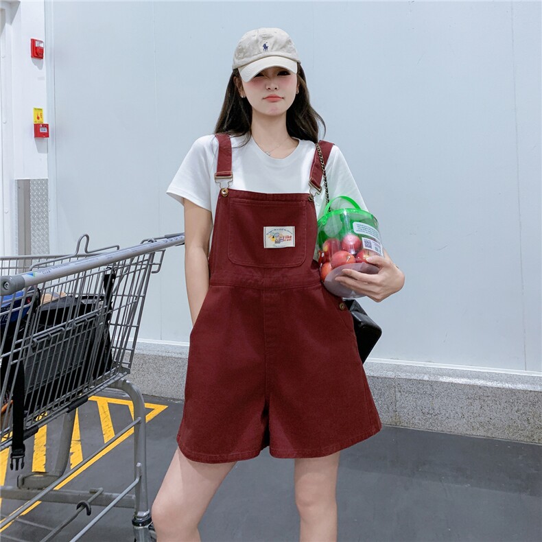 酒红色气质背带裤女2025年夏季新款复古减龄小个子俏皮百搭连体裤,女装牛仔裤,2D145
