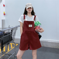 酒红色气质背带裤女2025年夏季新款复古减龄小个子俏皮百搭连体裤，女装牛仔裤，2D145