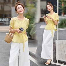 休闲套装女2025新款巨好看的韩系夏日气质穿搭显瘦阔腿裤两件套，女装套装/套裙，意芙