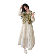 超好看提花马甲连衣裙套装女2025春季新款法式设计感仙女裙两件套，女装套装/套裙，浙宝301