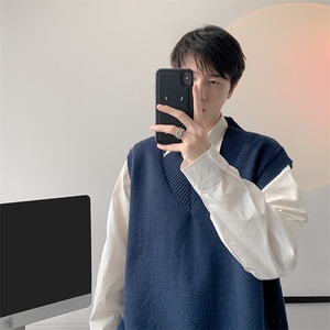 春秋季针织马甲搭配衬衫叠穿设计感V领毛衣日系慵懒背心9099P58图片