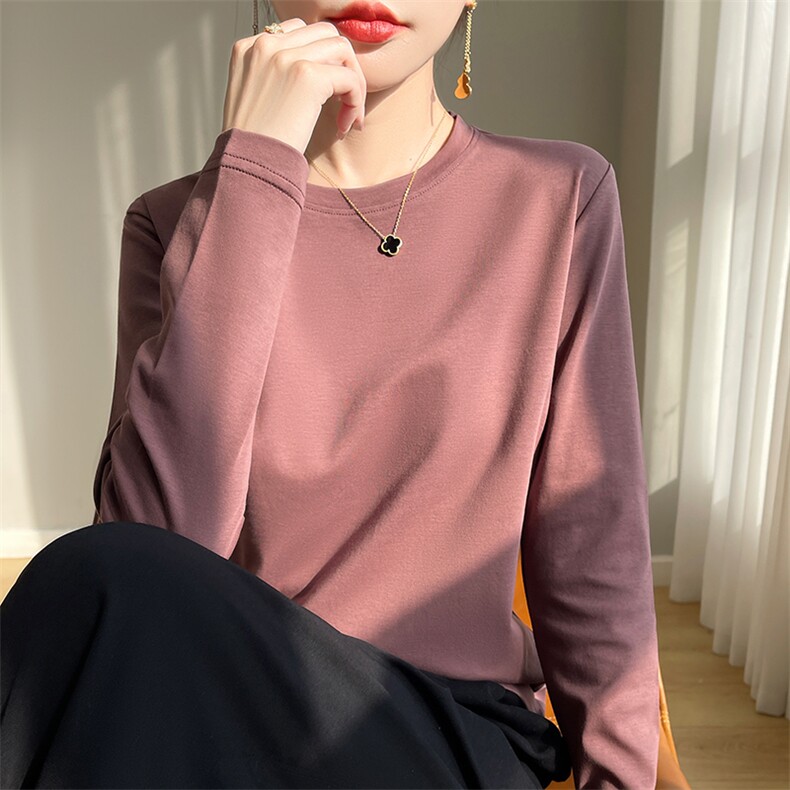 2025新款女纯棉圆领百搭纯色t恤套头打底衫长袖气质上衣,女装T恤,羊秋羊绒