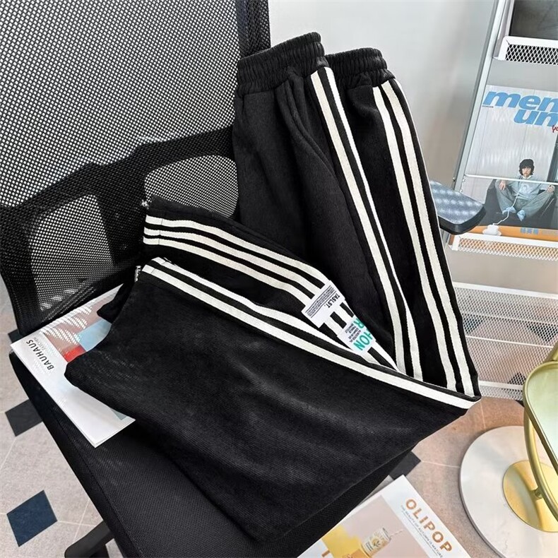 加绒休闲裤男港风潮流拼色三条杠高街2025冬季ins长裤K4866-P40,男装卫衣,星座412