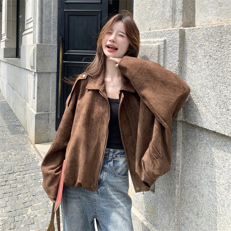 美拉德麂皮绒外套女2025秋季新款复古宽松时尚小个子机车风夹克潮,女装短外套,浙宝217
