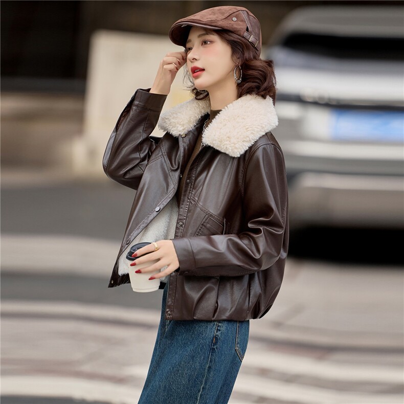 【冬季女装新款】可脱卸毛领加绒加厚保暖皮棉P-140，女装皮衣，简古