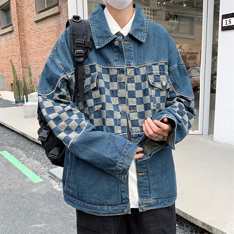 2024春季新款棋盘格拼接牛仔外套日系潮牌工装夹克现货W8141-P68,男装夹克,星座512-4