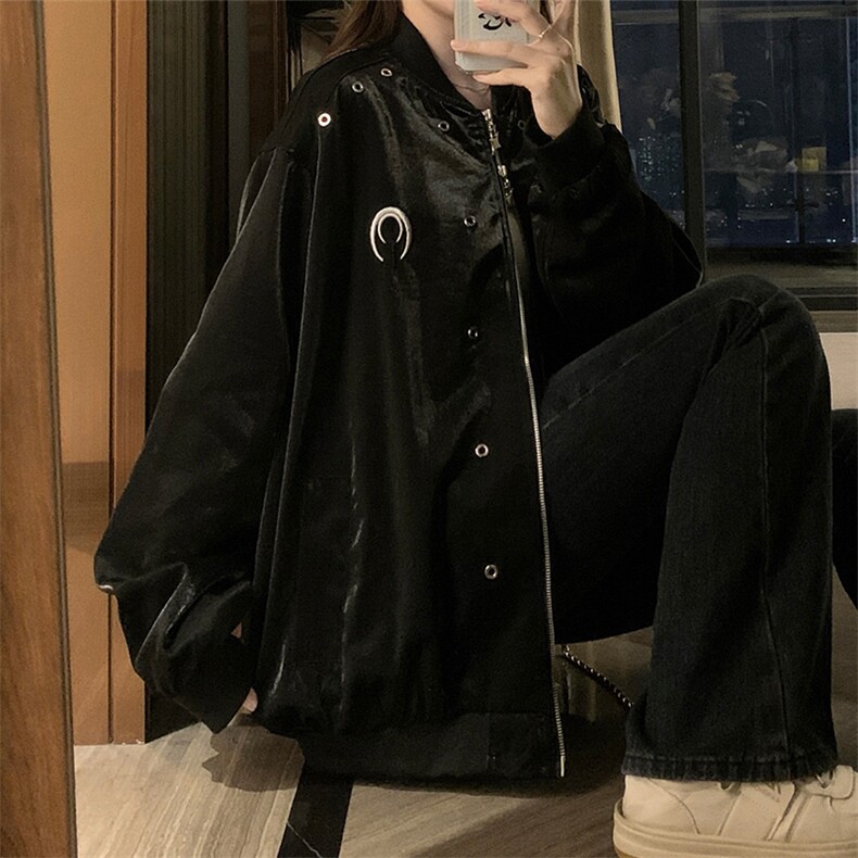 复古棒球服外套女春秋冬休闲宽松中长款立领机车夹克上衣C703-88图片
