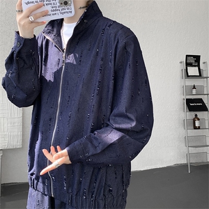 春秋男士韩系设计款牛仔套装割洞提花重工水洗外套牛仔裤套装图片