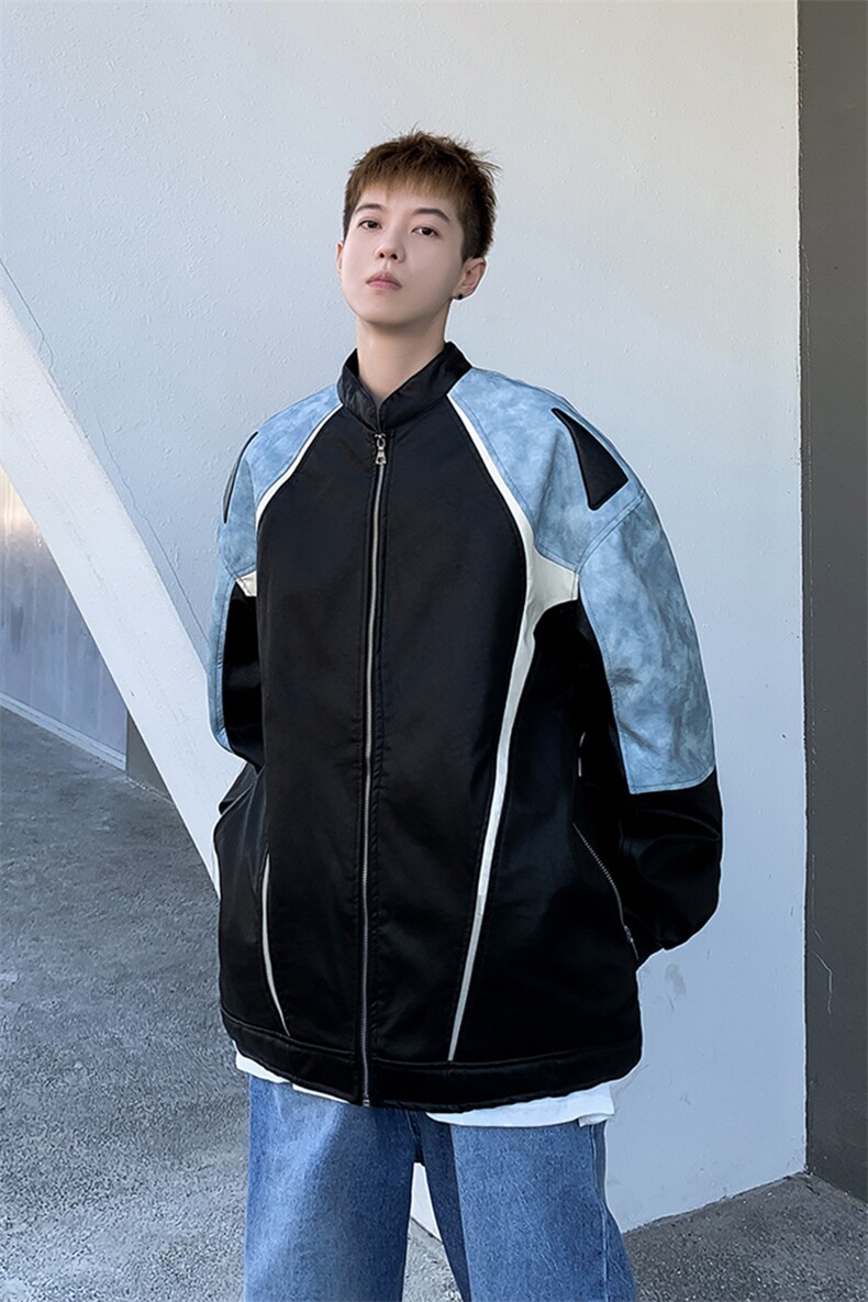 2024新款港风美式扎染皮拼接立领飞行员夹克棒球服男JK1258-P80,男装夹克,星座313A(原308A-2)
