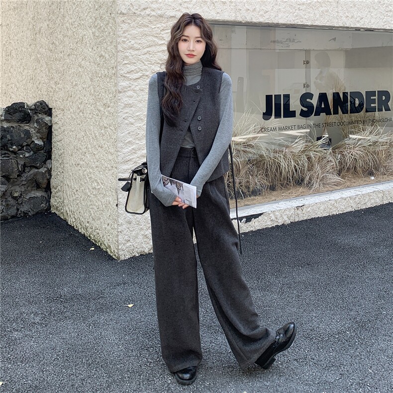 灰色韩系毛呢马甲阔腿裤打底衫三件套女秋冬2025新款chic气质套装,女装套装/套裙,2C111