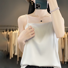 夏季新款醋酸真丝绸面一字领吊带女宽松百搭无袖背心纯色套头上衣，女装背心吊带，朝贺羊绒