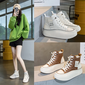 大码女鞋41-43真皮高帮鞋女2023秋季新款厚底高帮小白鞋摇摇鞋图片