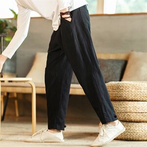 秋季新款男装棉麻风盘扣提花宽松休闲裤小脚裤室内灰图片