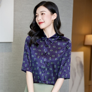 夏装真丝衬衫女士短袖桑蚕丝衬衣上衣花色半袖中袖宽松大码妈妈装图片