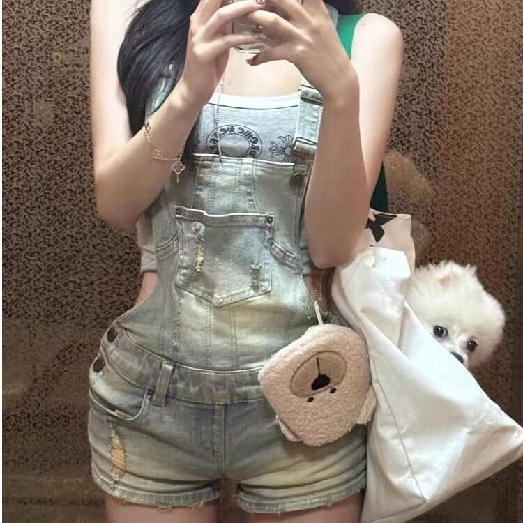 美式复古做旧辣妹破洞牛仔背带短裤女夏2025新款设计感小个子裤子图片