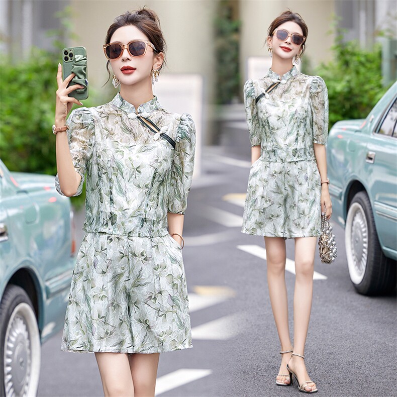 2024夏装新款新中式优雅时尚清爽短裤套装两件套,女装套装/套裙,妙形