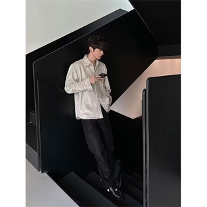 美式复古基础款麂皮绒工装长袖衬衫男垂感宽松休闲高级感衬衣外套图片