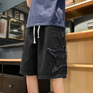 8XL-M特大码夏季美式高街五角星牛仔短裤港风宽松五分裤DK1513P40图片