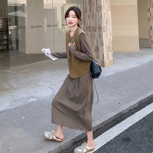 休闲条纹背心连衣裙套装女2025新款慵懒风马夹上衣长裙两件套图片