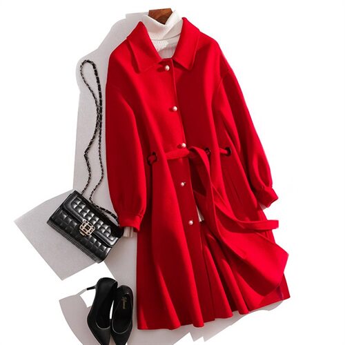 毛呢大衣2024年秋季单排扣红色中长款红色结婚呢子大衣女，女装毛呢外套，天丝秀