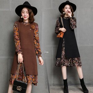 连衣裙2021年秋季潮流简约个性显瘦修身百搭圆领长袖中长款,女装连衣裙,安之芮娜