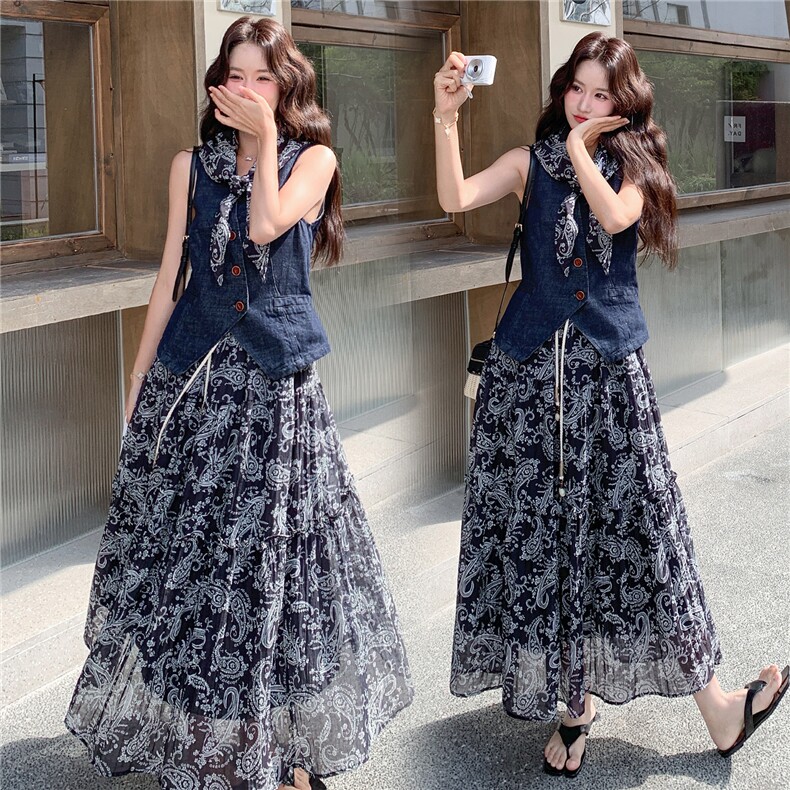 《26夏上新》复古水洗收腰薄牛仔+波西米亚大裙摆半裙两件套女,女装套装/套裙,时尚风爆
