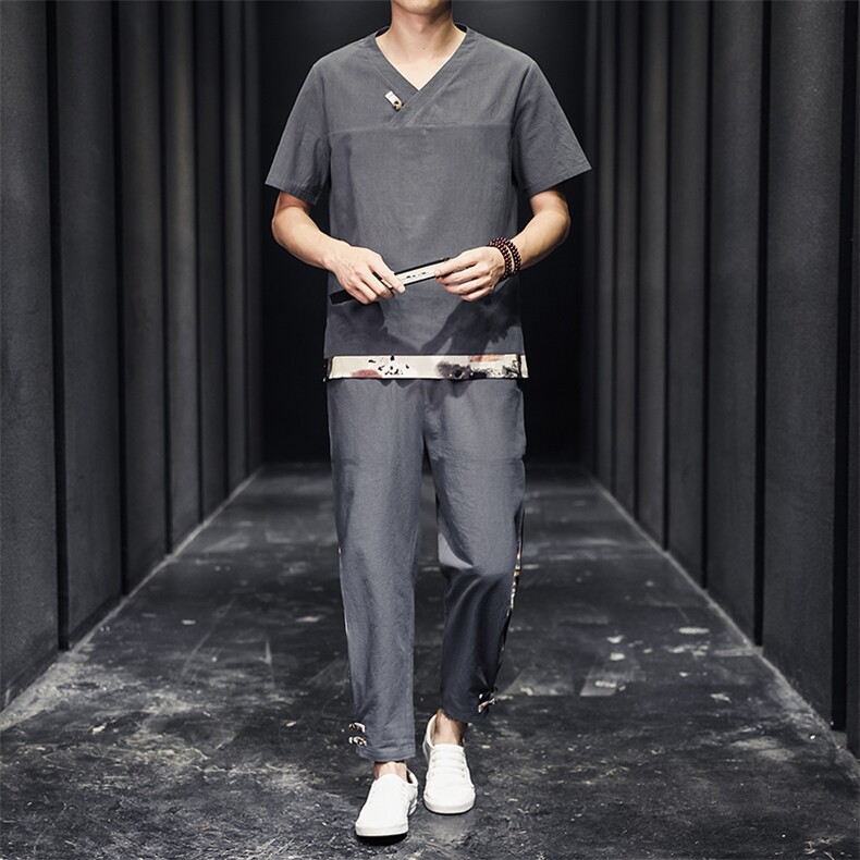 2026夏季风棉麻亚麻短袖T恤唐装大码男士盘扣套装H518-P50,男装休闲套装,星座1105-3
