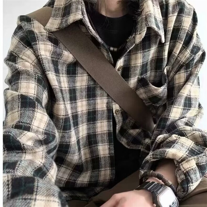 日系古着宽松格子衬衫男学院风刺绣破烂长袖工装衬衣情侣毛边外套,男装衬衫,星座1018A