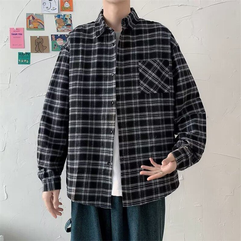 日系港风ins宽松格仔衬衣春夏百搭休闲衬衫外套-CS14,男装衬衫,星座1002-2