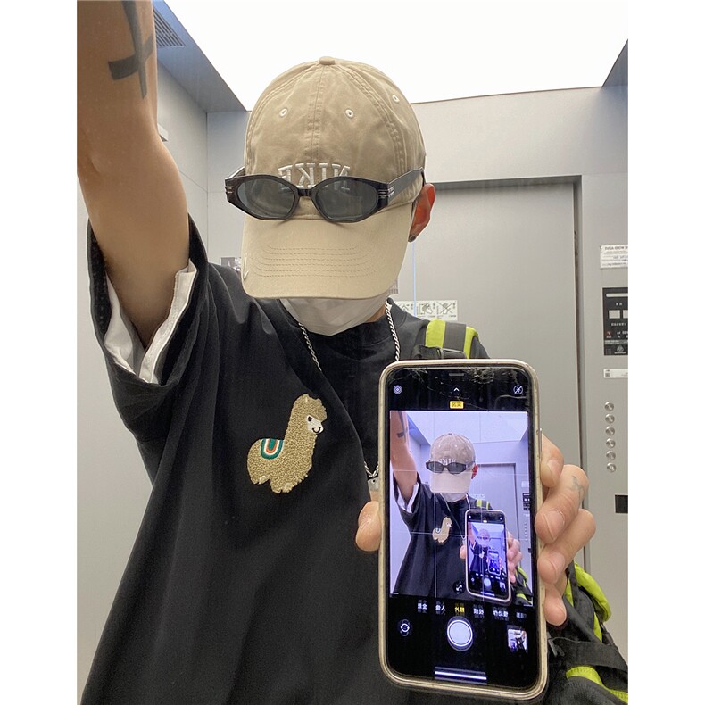 情侣装高街潮设计羊驼毛巾绣宽松圆领半袖T恤情侣上衣D289P25,男装T恤,电商A335-1（原A458）