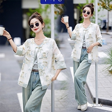 高档刺绣国风盘扣外套女2024夏新款宽松百搭气质圆领薄款防晒上衣，女装防晒衣，伊仟回