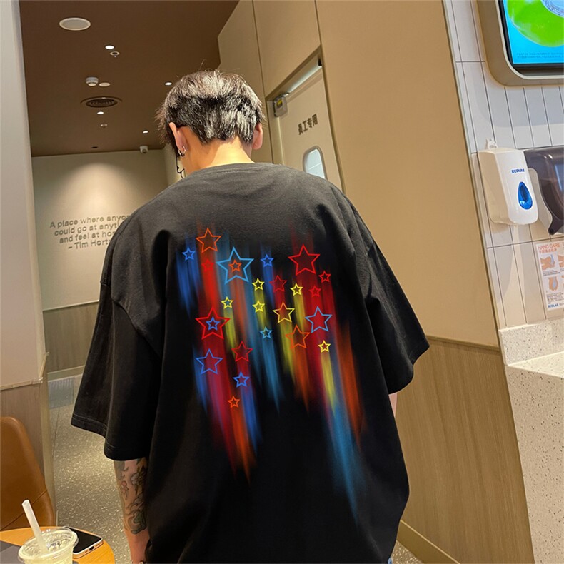 特P19控38230g重磅纯棉涂鸦星星印花港风短袖t恤男DT3140,男装T恤,电商B370